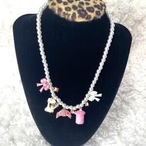 Betsey Johnson Pearl Baking Charm Necklace Pink Gold Statement Fashion Jewelry